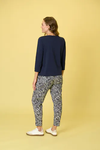 Model wearing Navy Matheson Tee By Charlie Jane Available at Beetees Nelson